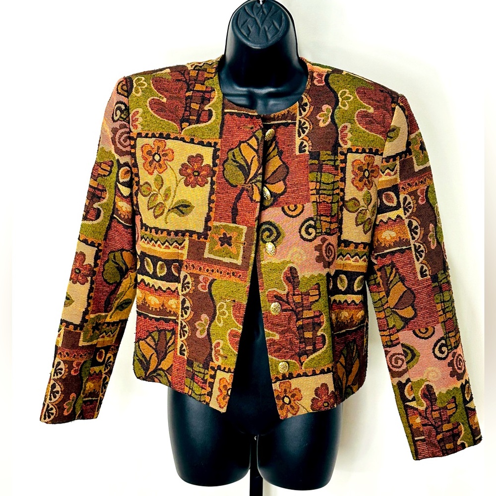 Vintage Doncaster Multicolor Floral Patchwork Style Jacquard Blazer Jacket Sz 8